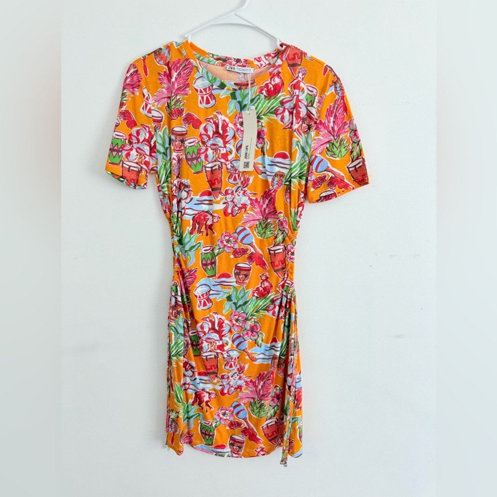 NWT ZARA Cut Out Waist Summer Dress - Medium - Island Theme - Short Sleeve